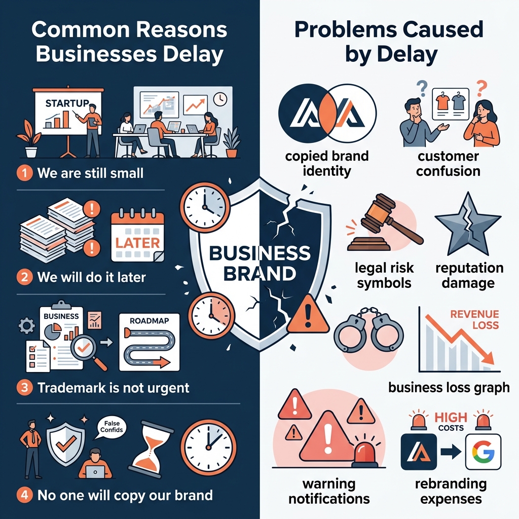 Business infographic showing why delaying trademark registration creates brand risks