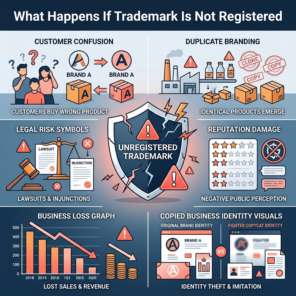 Infographic explaining trademark registration risks and business brand protection problems