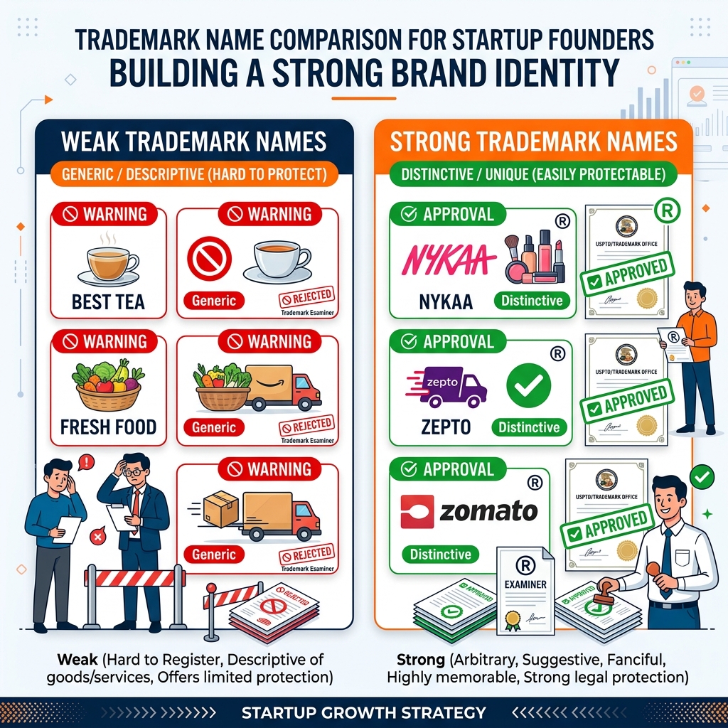 Weak vs strong trademark name comparison infographic