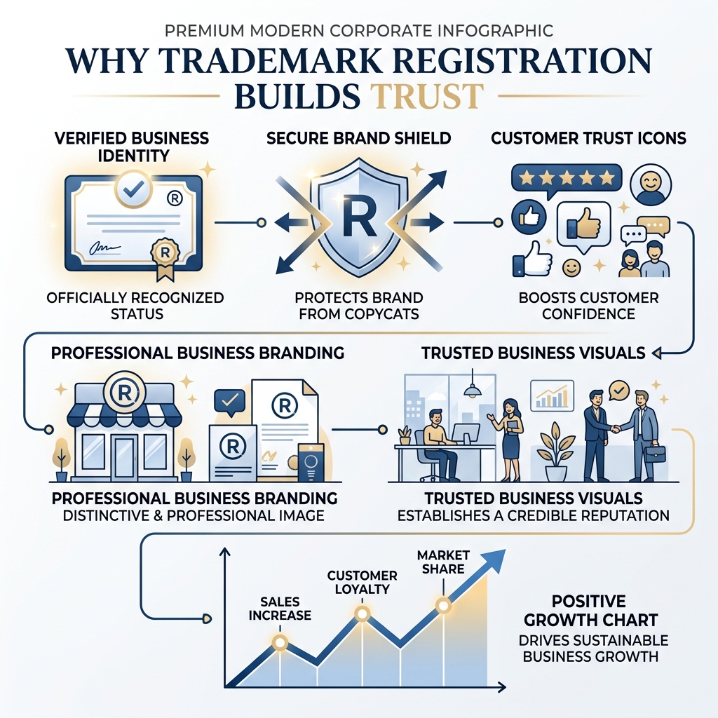 Professional business infographic showing how trademark registration builds customer trust