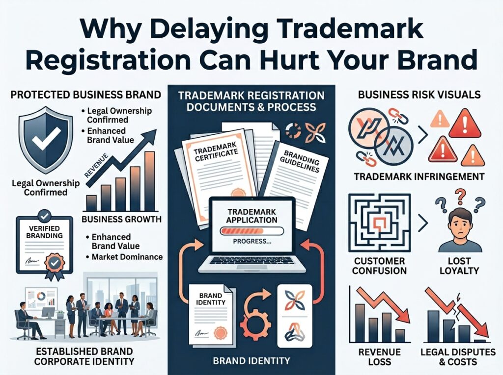Trademark registration infographic showing business brand protection and risks of delaying trademark registration