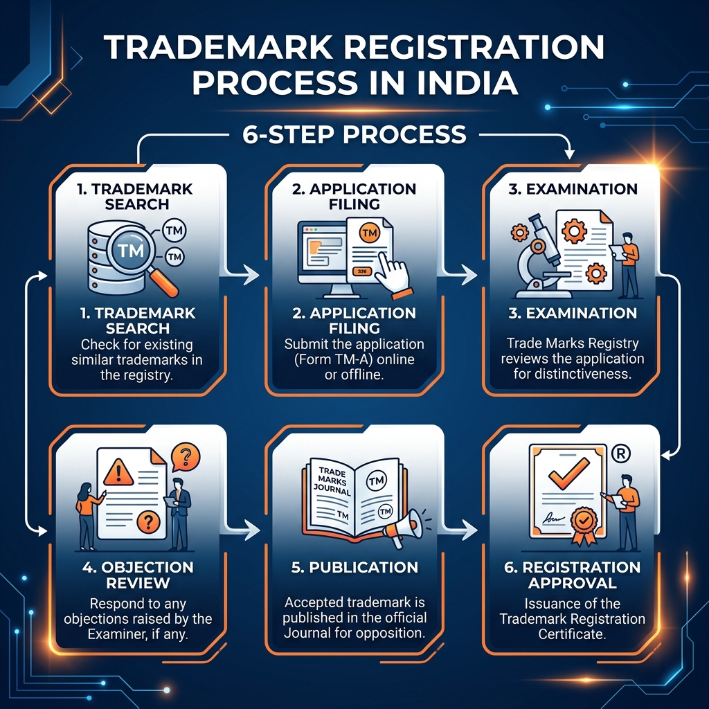 Step by step trademark registration process infographic for businesses in India